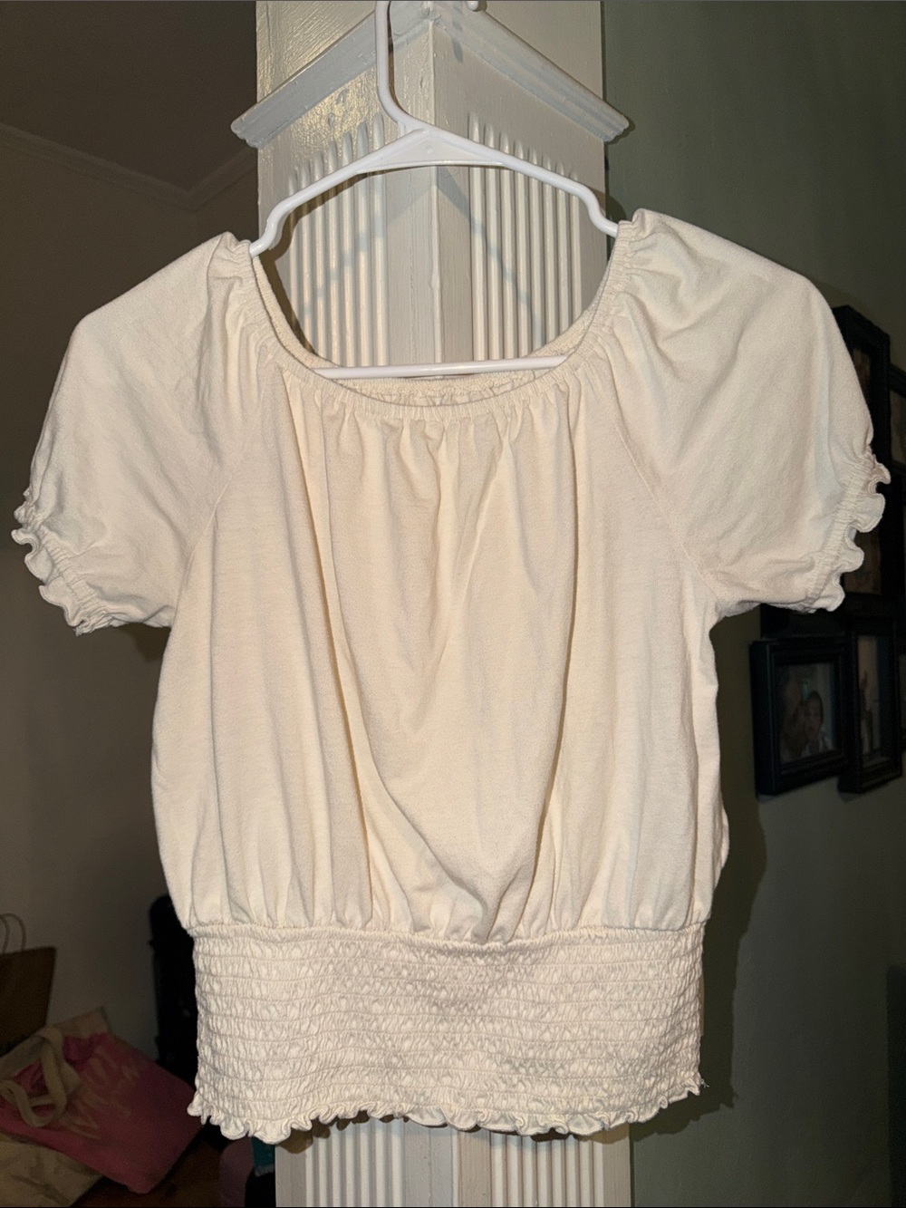Old Navy Cream Smocked-Hem Puff Sleeve Crop Top